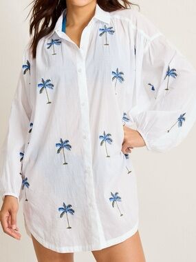 Tommy Bahama White Button-Front Palm Embroidered Swim Coverup